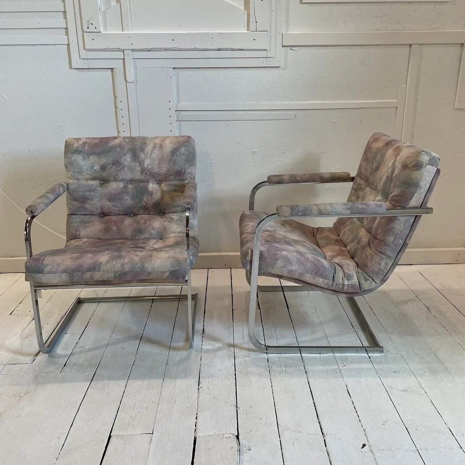 Vintage Milo Baughman Style Chrome Cantilevered Club Chairs - a Pair