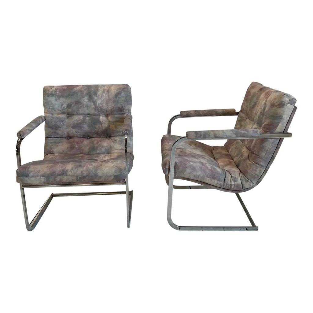 Vintage Milo Baughman Style Chrome Cantilevered Club Chairs - a Pair