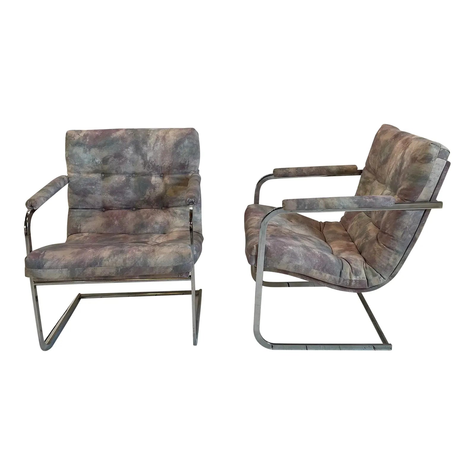 Vintage Milo Baughman Style Chrome Cantilevered Club Chairs - a Pair