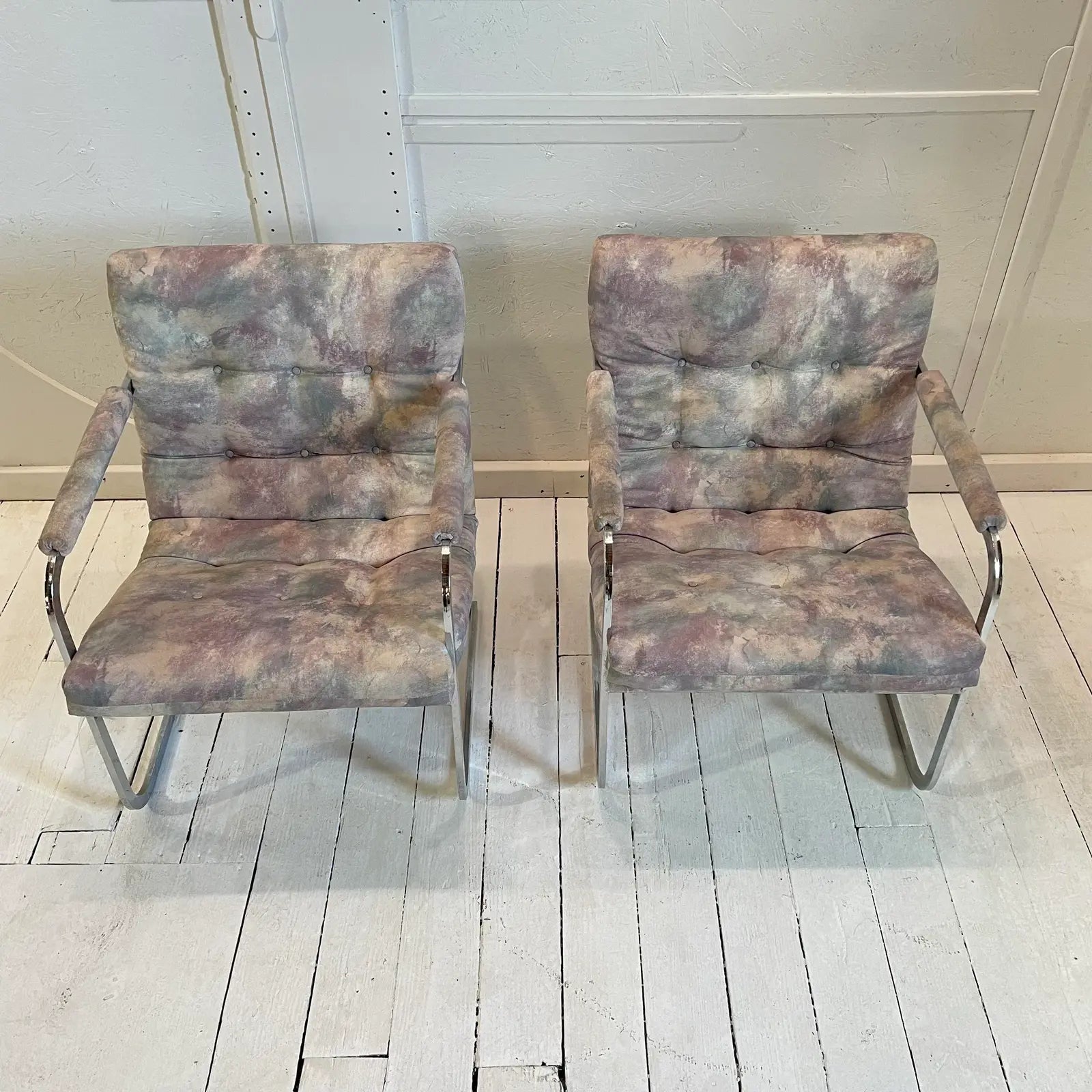 Vintage Milo Baughman Style Chrome Cantilevered Club Chairs - a Pair
