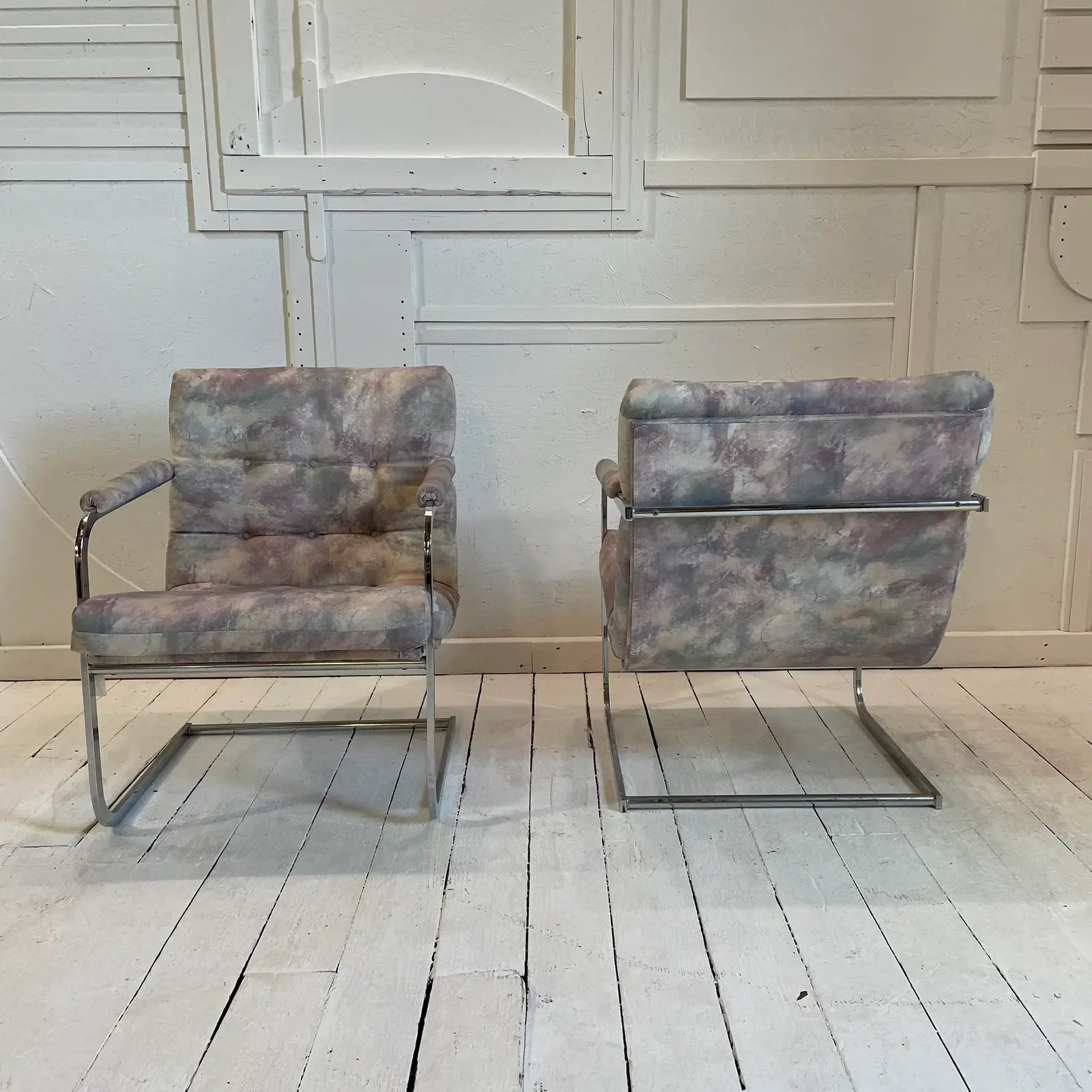 Vintage Milo Baughman Style Chrome Cantilevered Club Chairs - a Pair