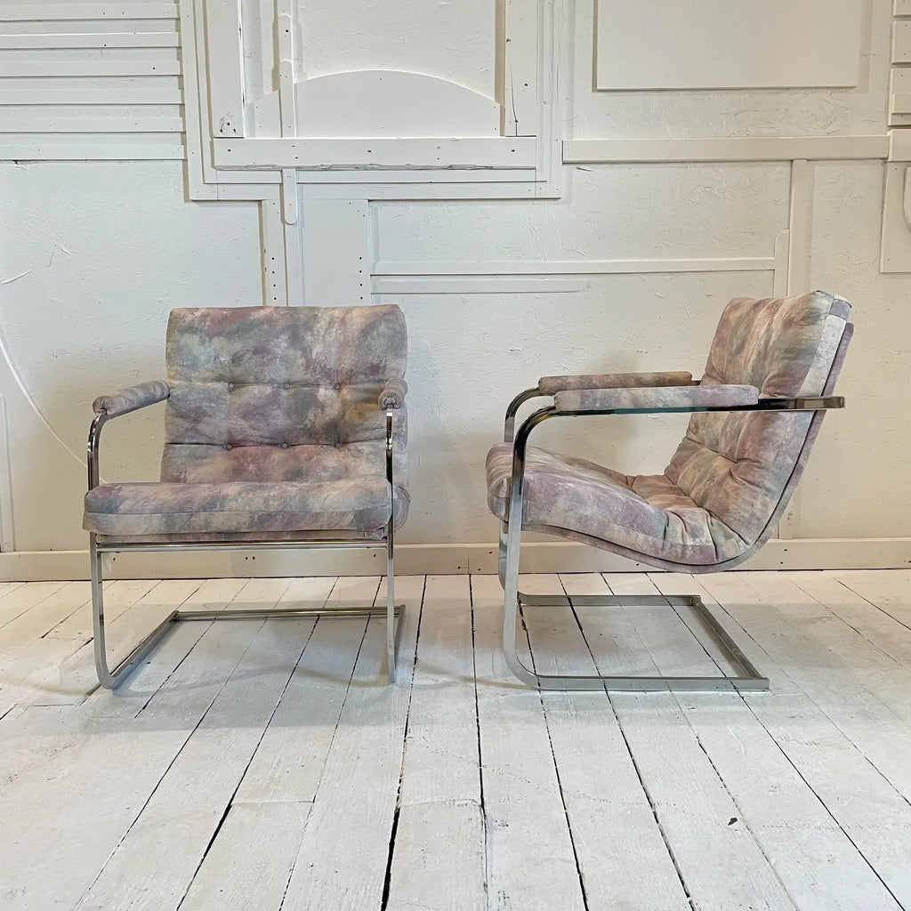 Vintage Milo Baughman Style Chrome Cantilevered Club Chairs - a Pair