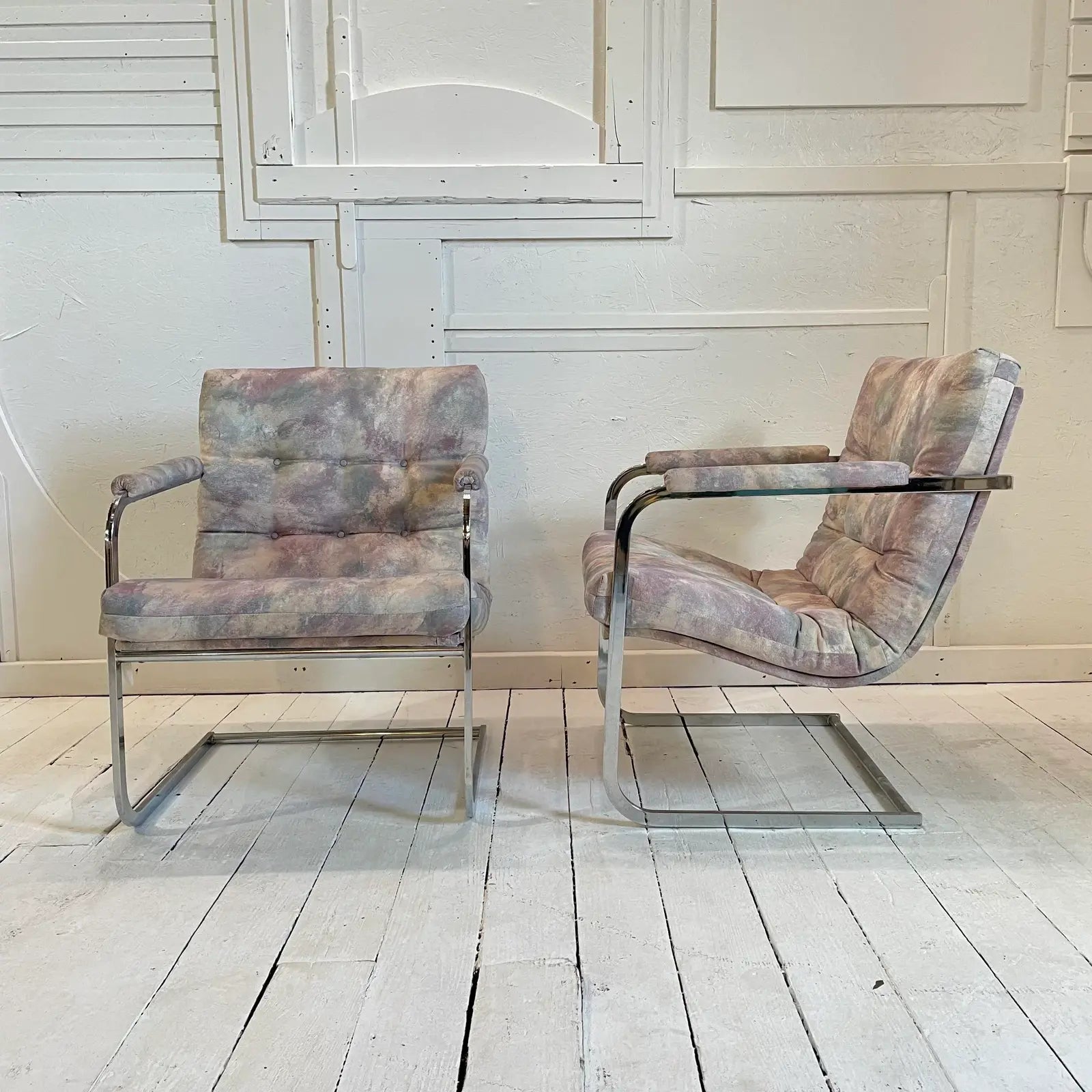 Vintage Milo Baughman Style Chrome Cantilevered Club Chairs - a Pair