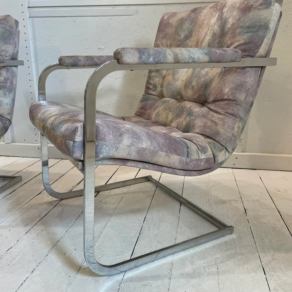 Vintage Milo Baughman Style Chrome Cantilevered Club Chairs - a Pair