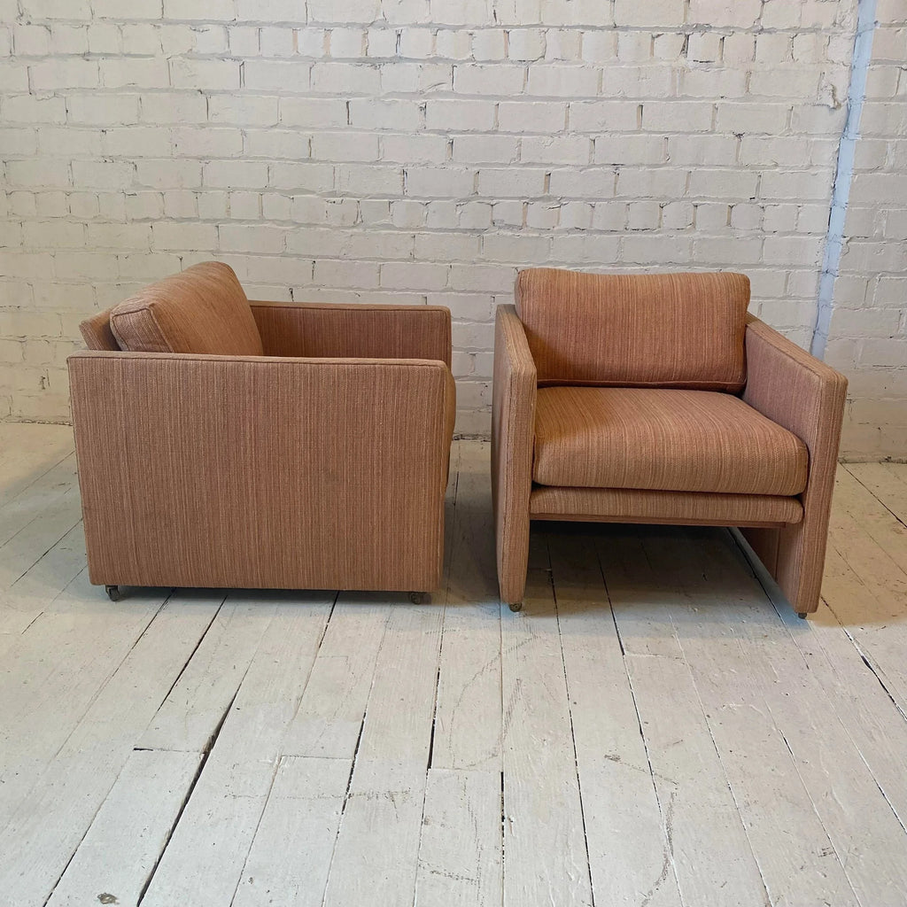 Pair of Milo Baughman-Style Pink Club Chairs on Casters