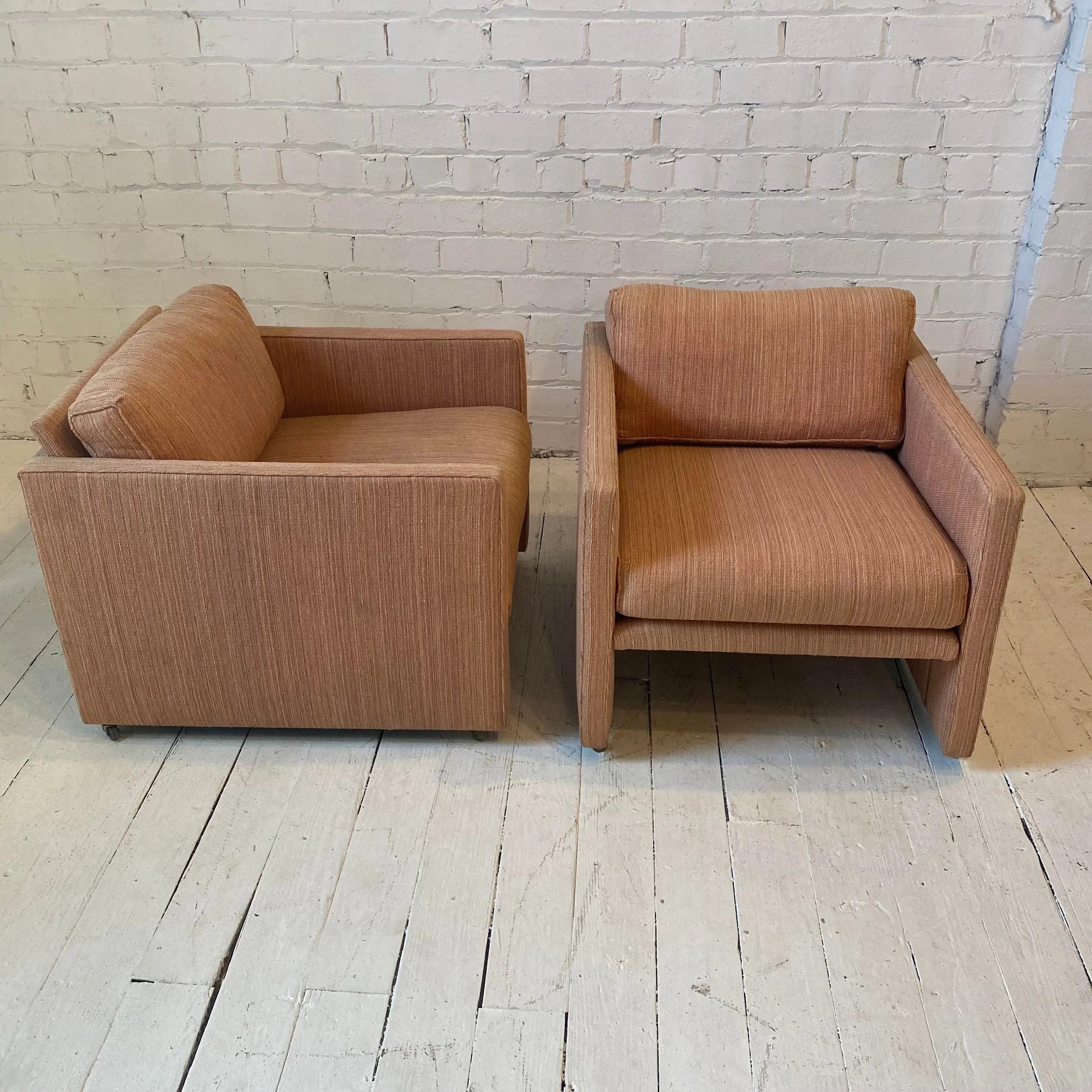 Pair of Milo Baughman-Style Pink Club Chairs on Casters