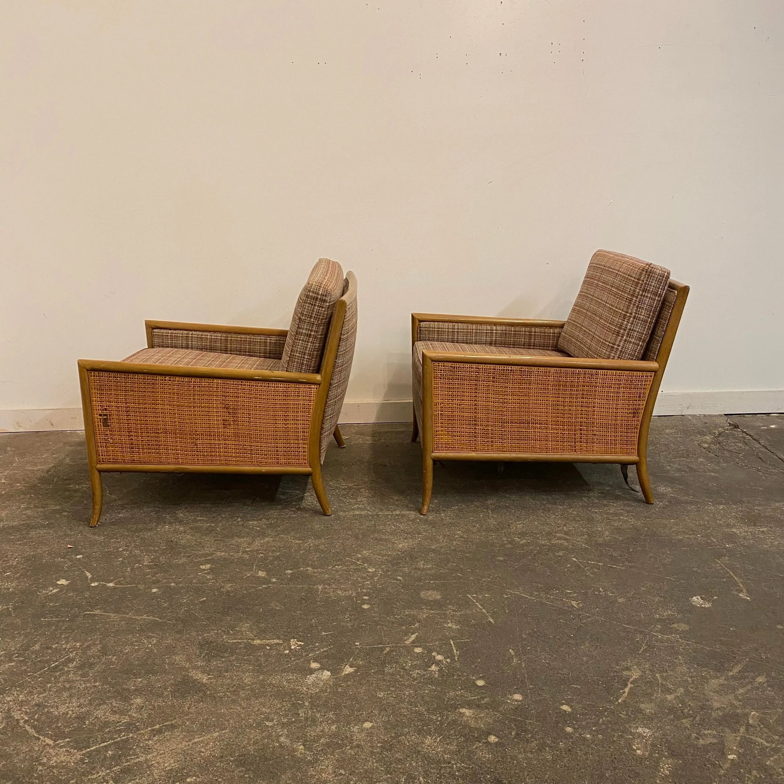 Vintage Pair of TH Robsjohn-Gibbings Cane-Sided Club Chairs Midcentury Modern
