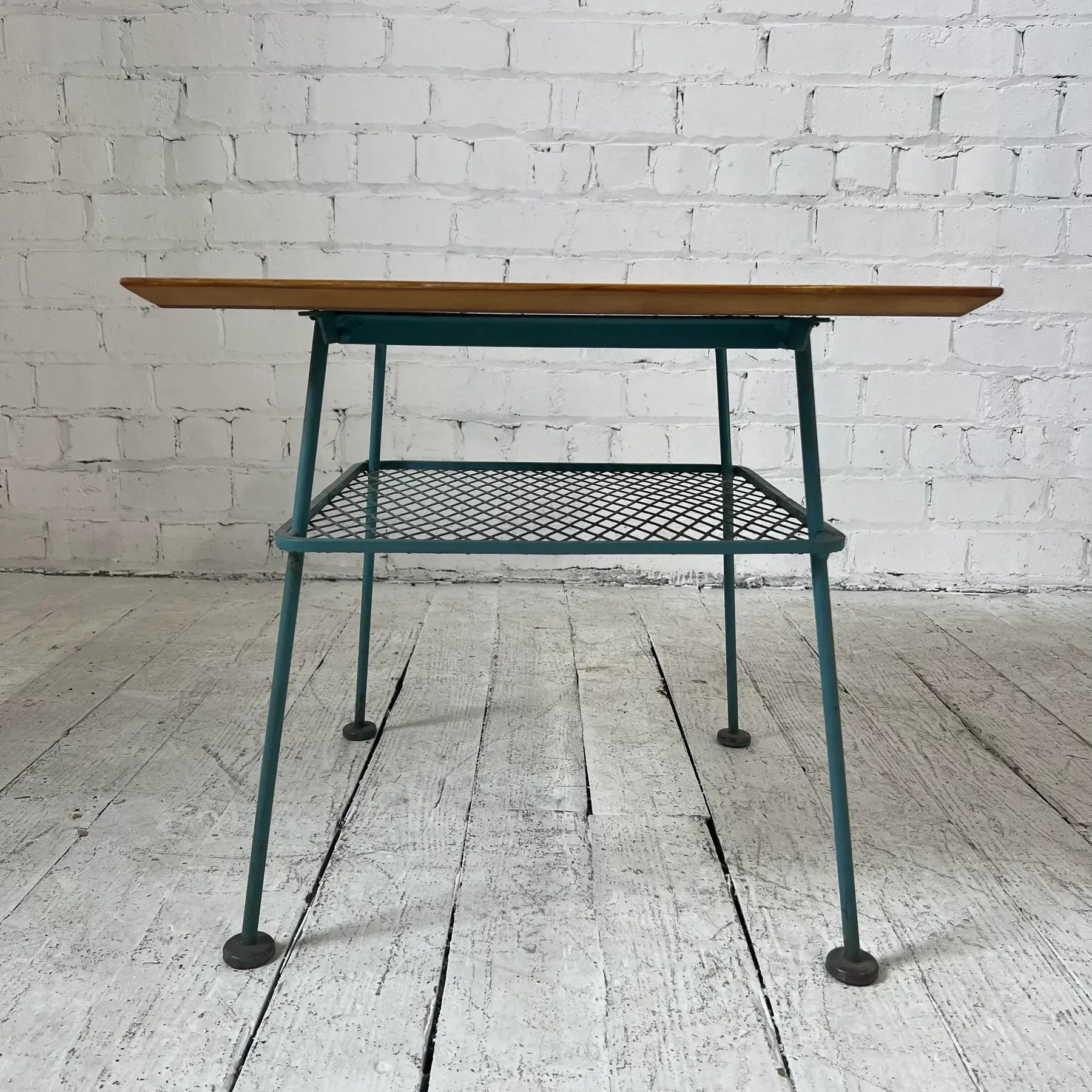 Vintage Woodard Outdoor Patio Wood Top Side Table Iron, Attributed