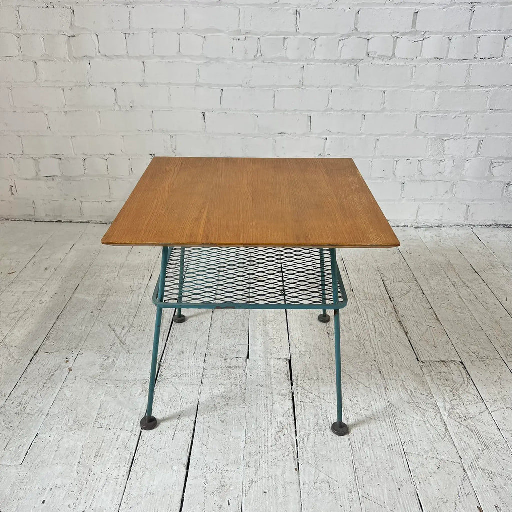 Vintage Woodard Outdoor Patio Wood Top Side Table Iron, Attributed
