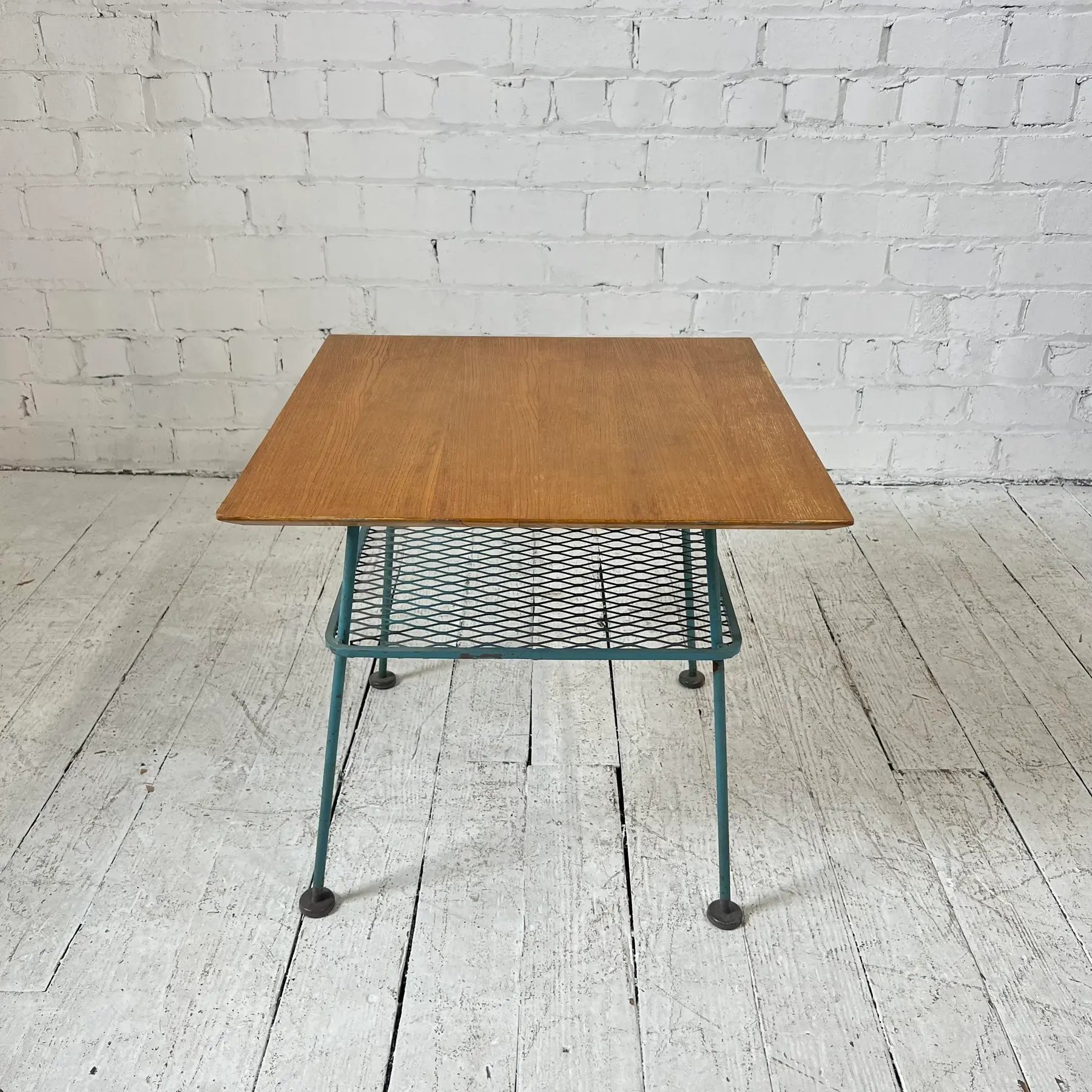 Vintage Woodard Outdoor Patio Wood Top Side Table Iron, Attributed