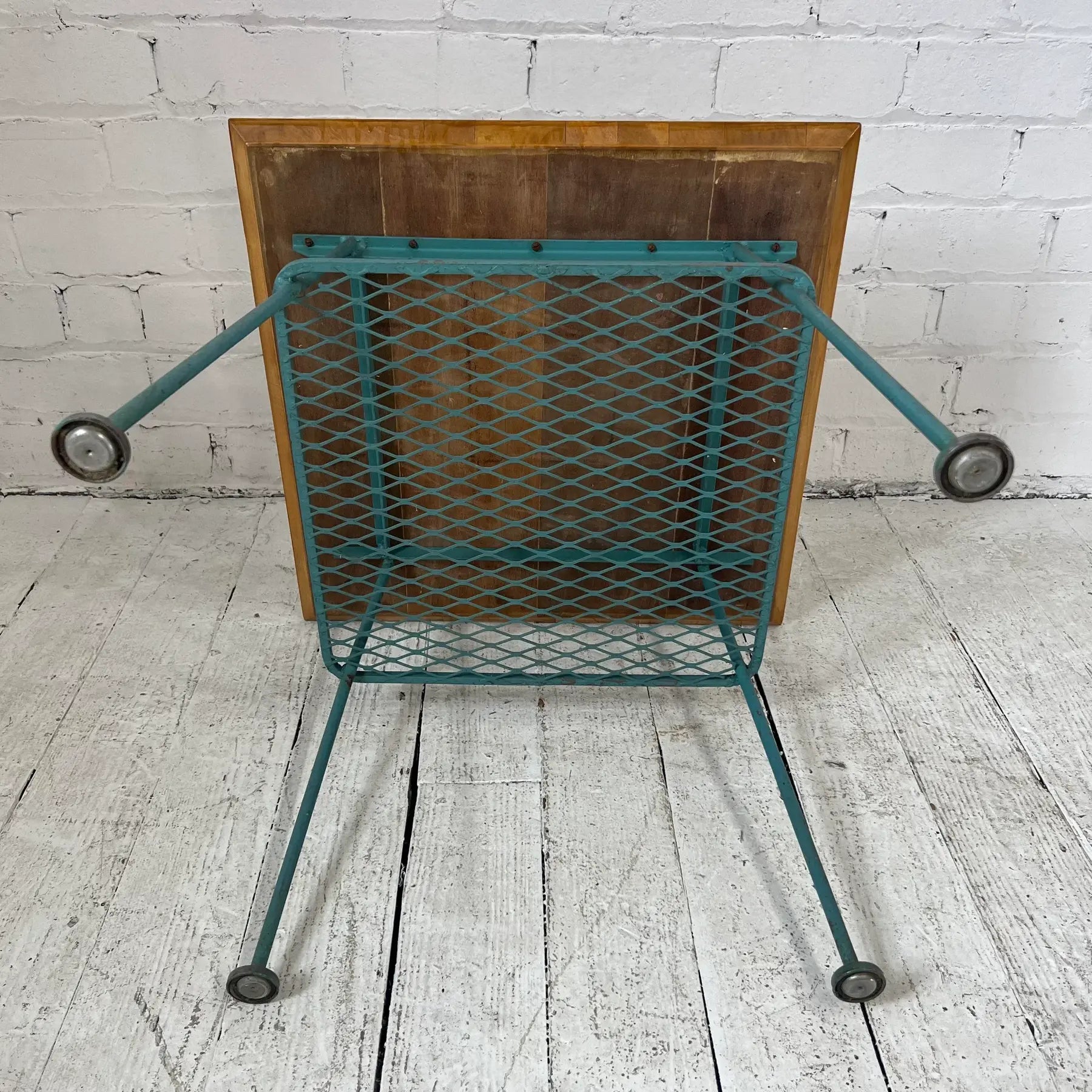 Vintage Woodard Outdoor Patio Wood Top Side Table Iron, Attributed