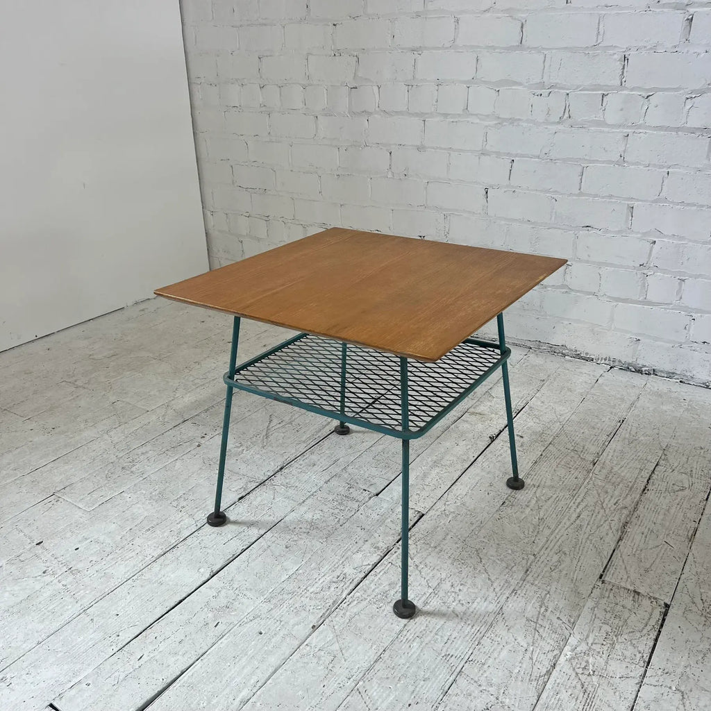 Vintage Woodard Outdoor Patio Wood Top Side Table Iron, Attributed