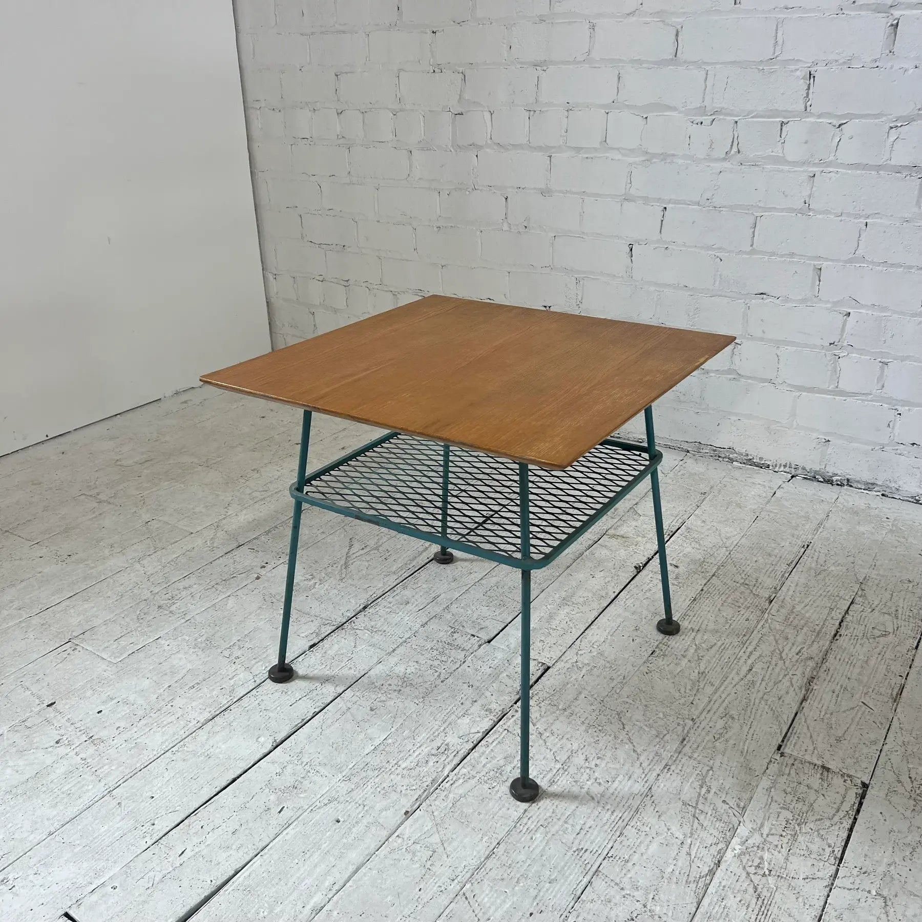 Vintage Woodard Outdoor Patio Wood Top Side Table Iron, Attributed