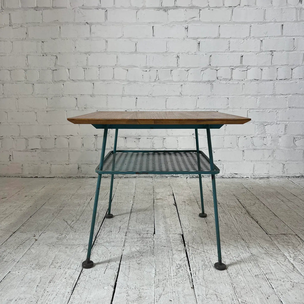 Vintage Woodard Outdoor Patio Wood Top Side Table Iron, Attributed