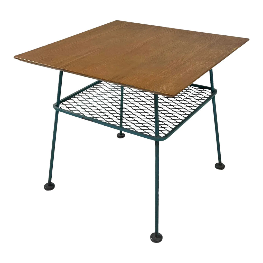 Vintage Woodard Outdoor Patio Wood Top Side Table Iron, Attributed
