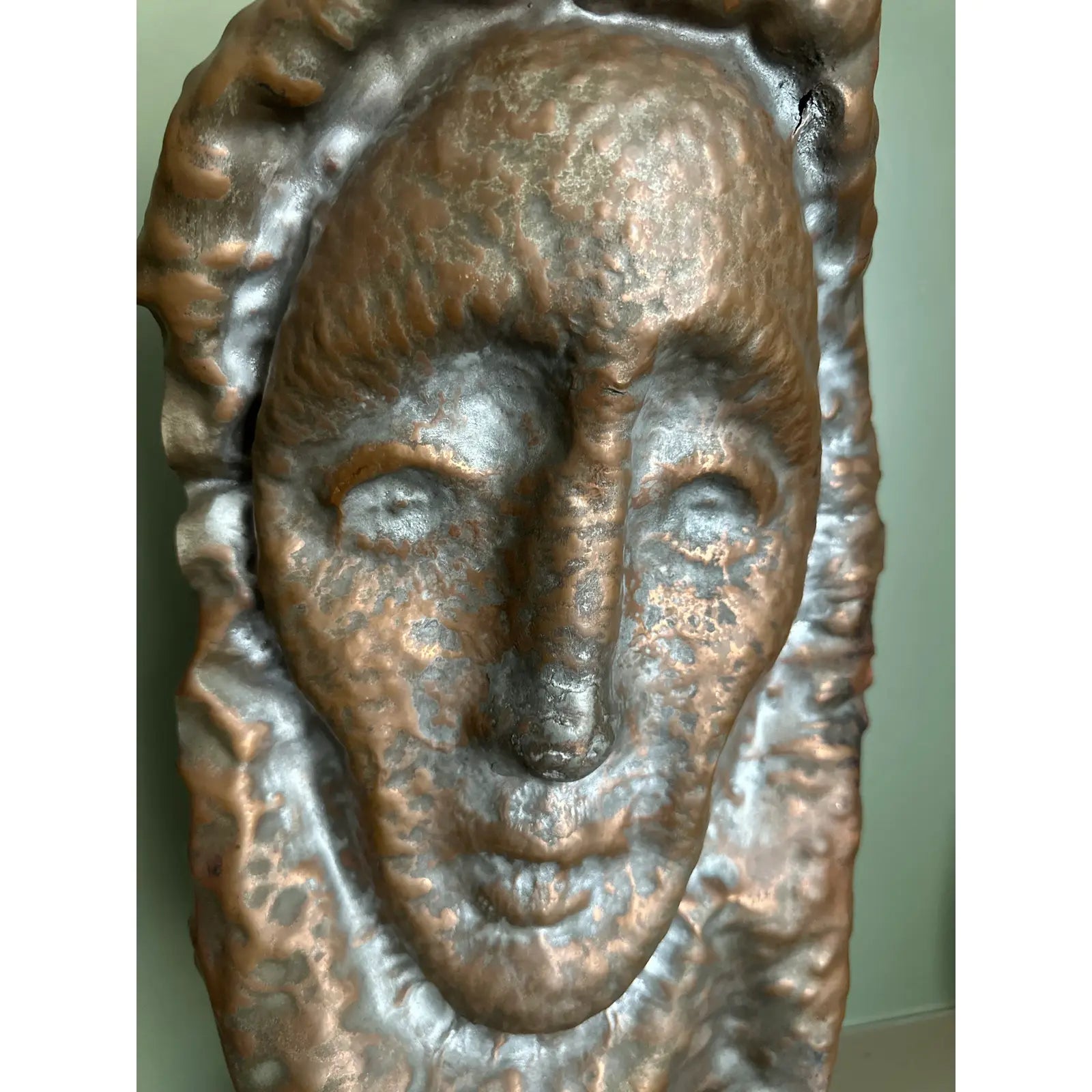 Waylande Gregory Large Hammered Copper Face Sculpture Bust on Wood Block.