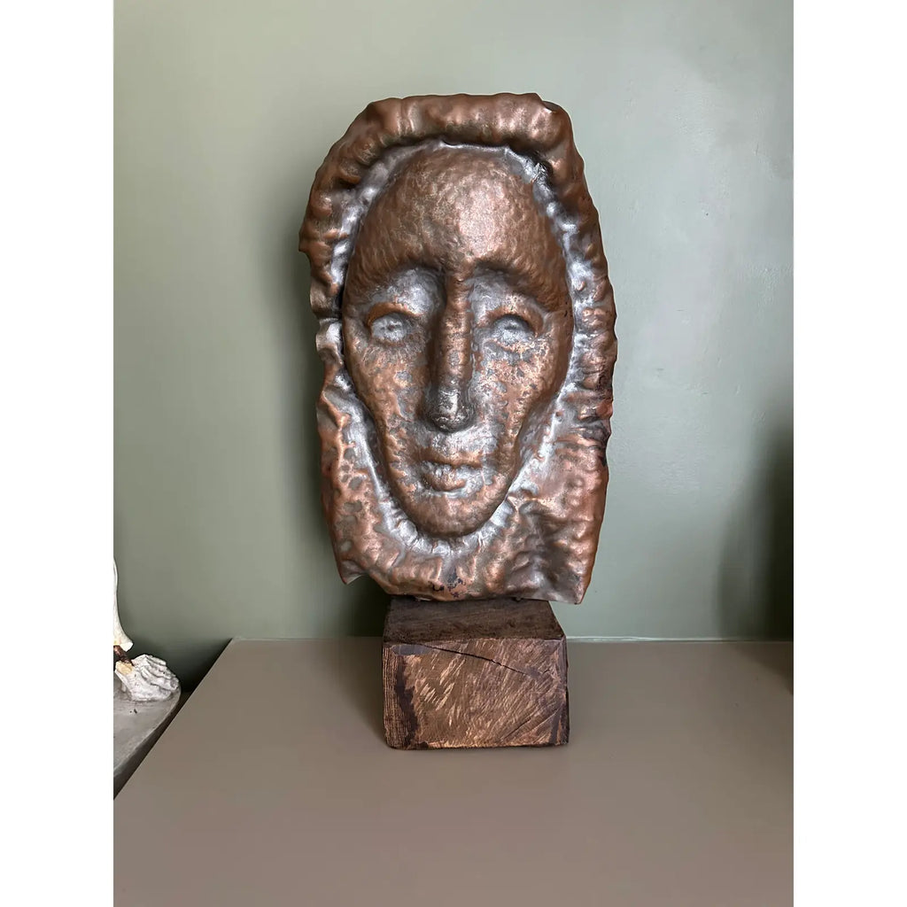 Waylande Gregory Large Hammered Copper Face Sculpture Bust on Wood Block.