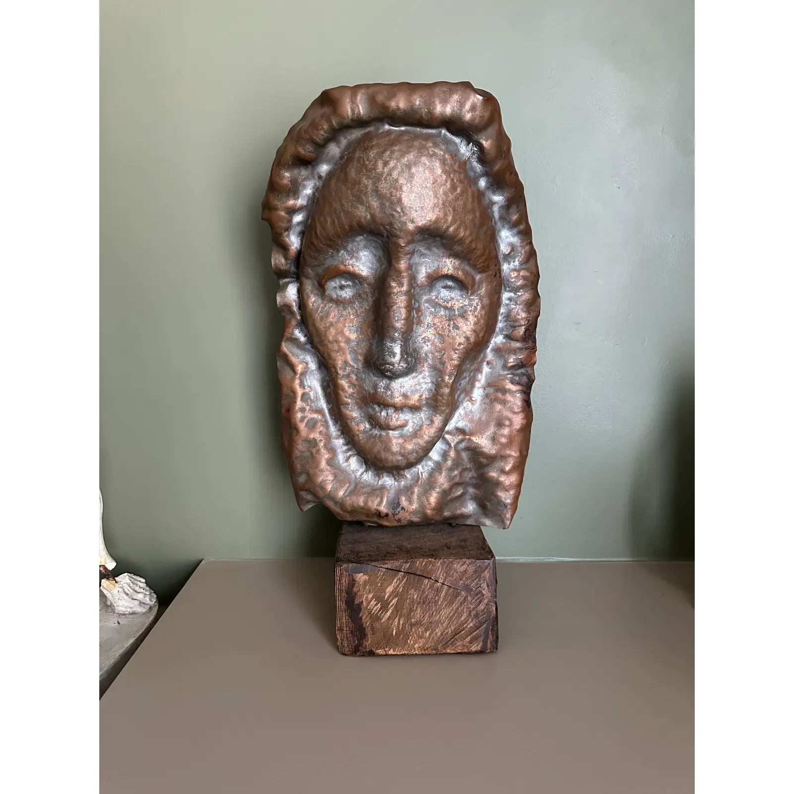 Waylande Gregory Large Hammered Copper Face Sculpture Bust on Wood Block.
