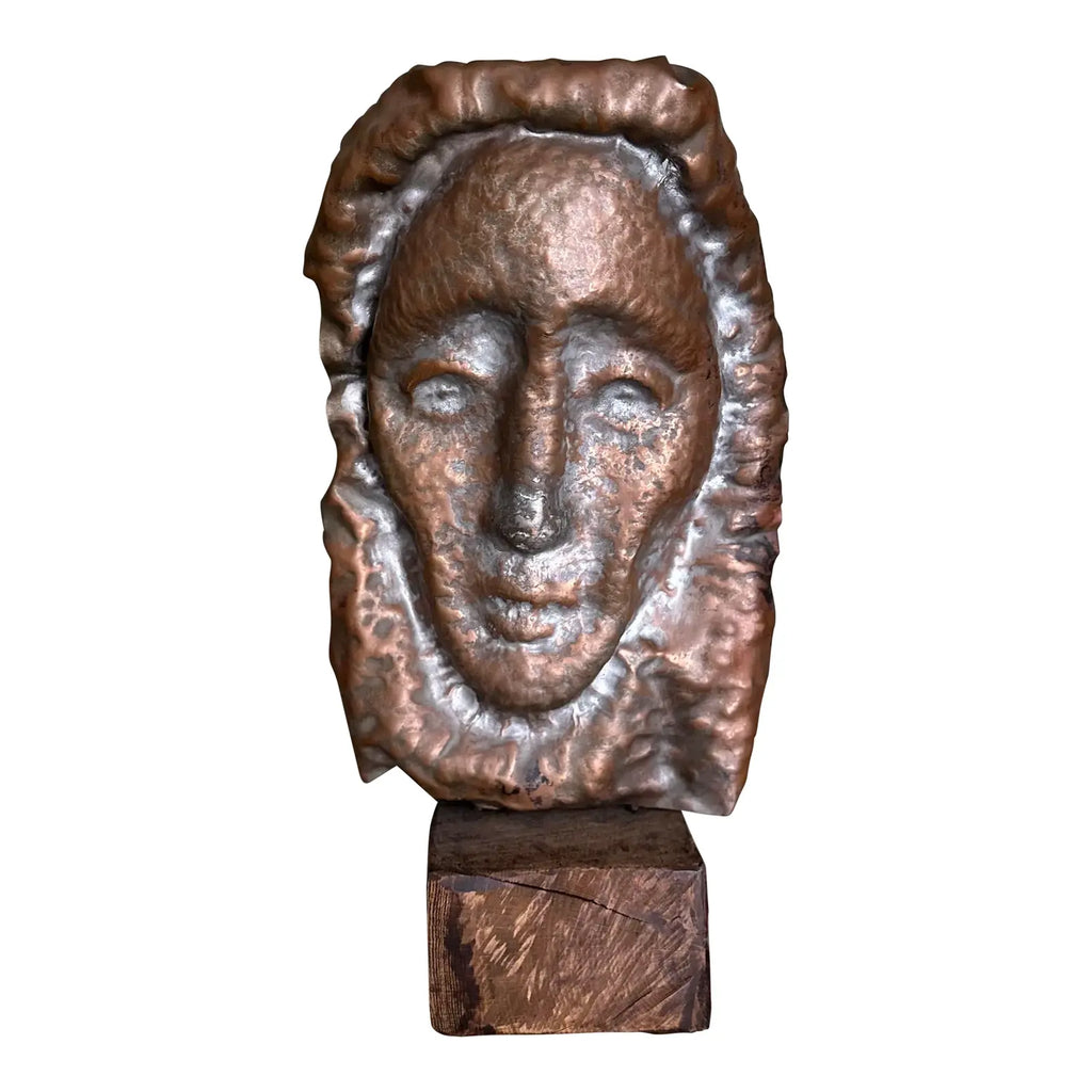 Waylande Gregory Large Hammered Copper Face Sculpture Bust on Wood Block.