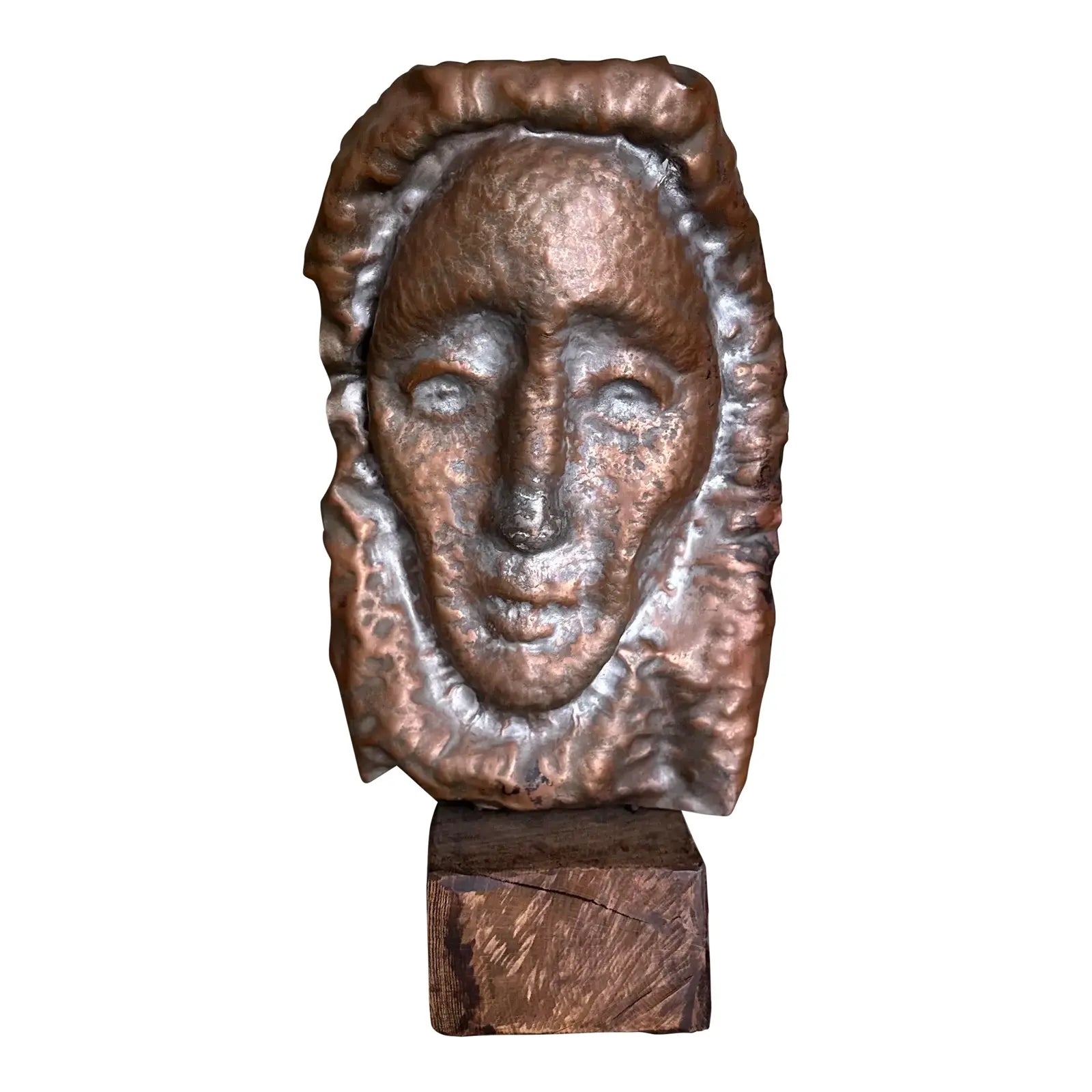 Waylande Gregory Large Hammered Copper Face Sculpture Bust on Wood Block.