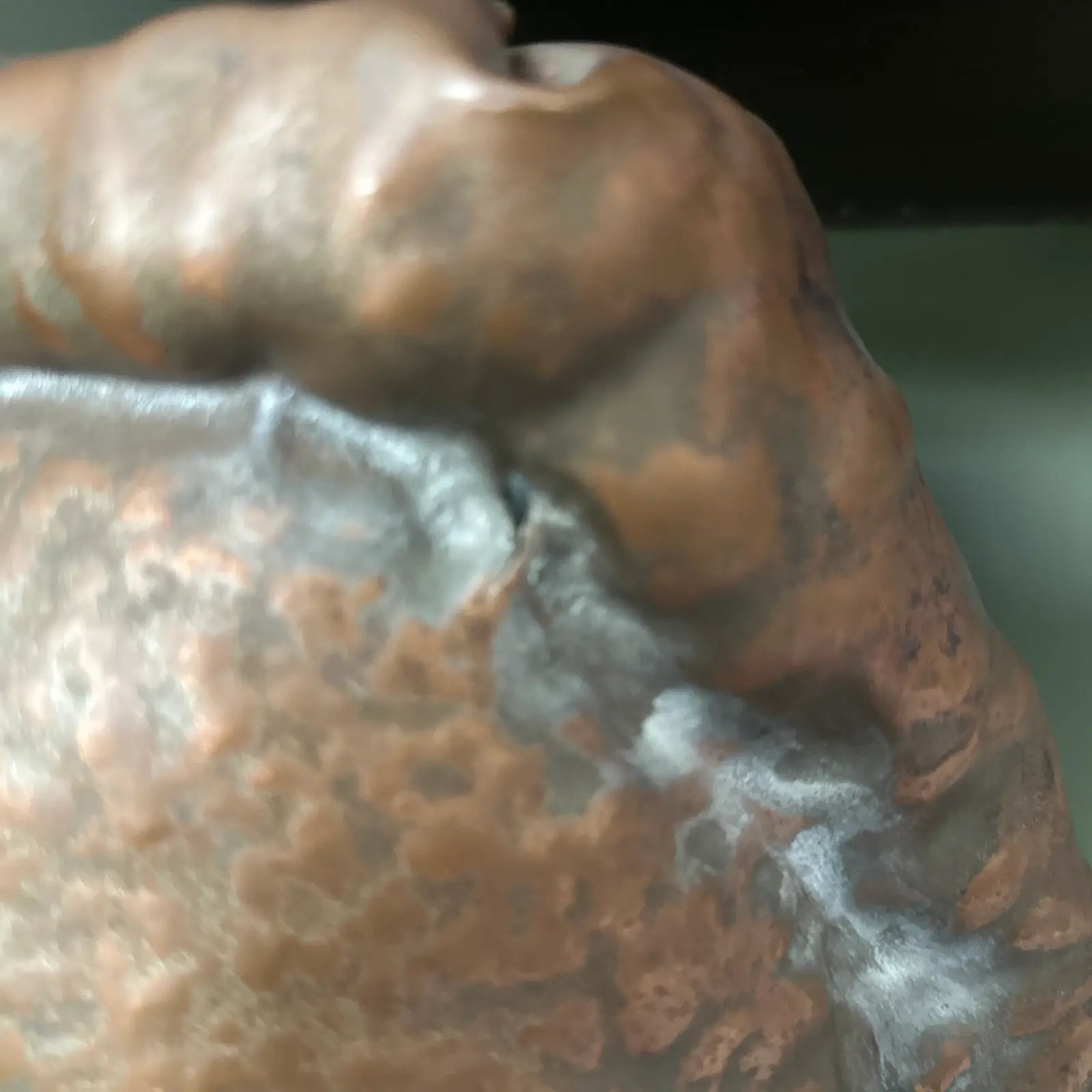 Waylande Gregory Large Hammered Copper Face Sculpture Bust on Wood Block.