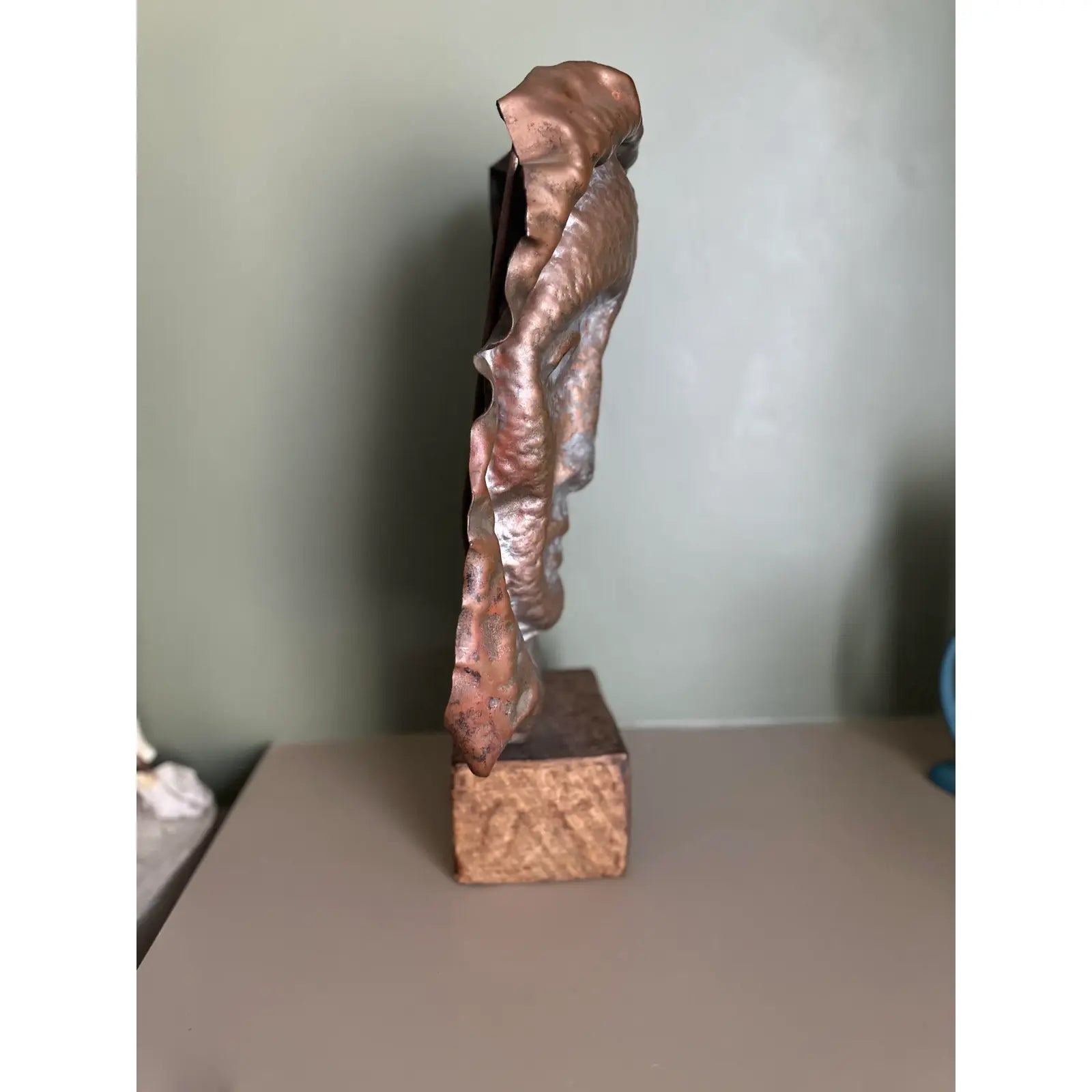 Waylande Gregory Large Hammered Copper Face Sculpture Bust on Wood Block.