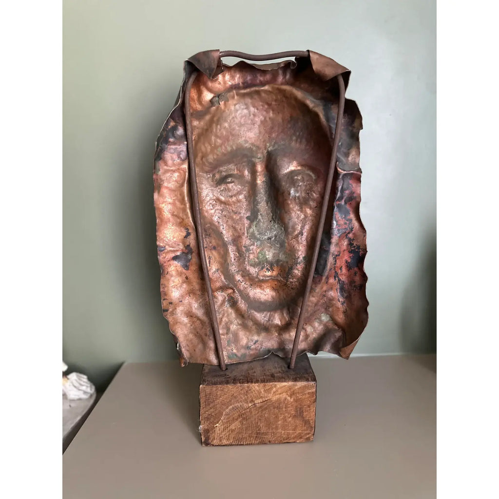 Waylande Gregory Large Hammered Copper Face Sculpture Bust on Wood Block.