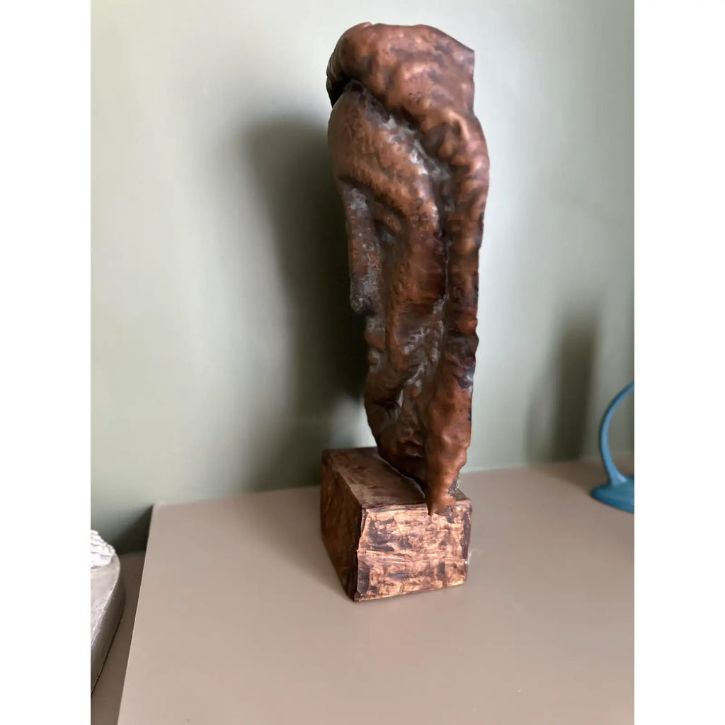 Waylande Gregory Large Hammered Copper Face Sculpture Bust on Wood Block.