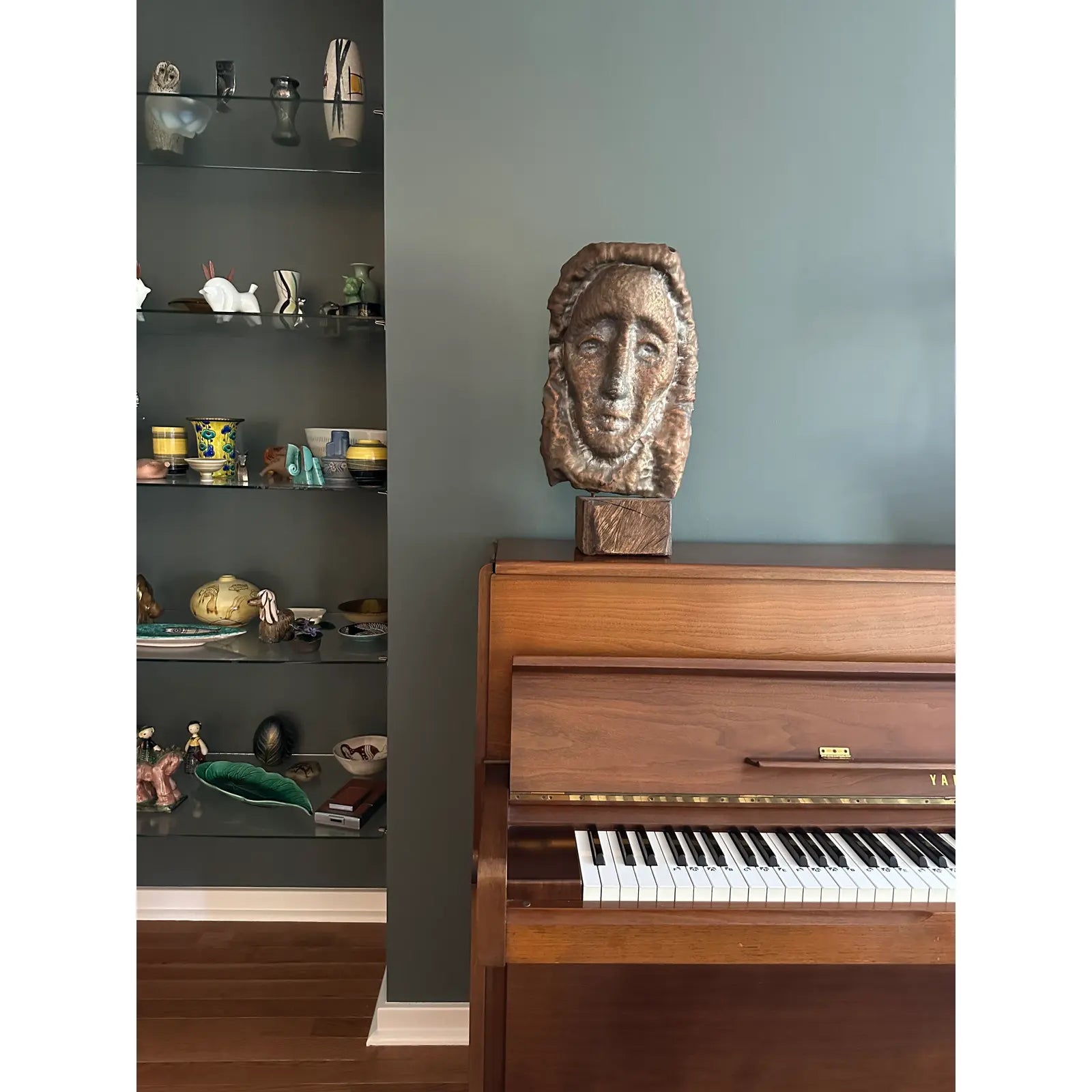 Waylande Gregory Large Hammered Copper Face Sculpture Bust on Wood Block.