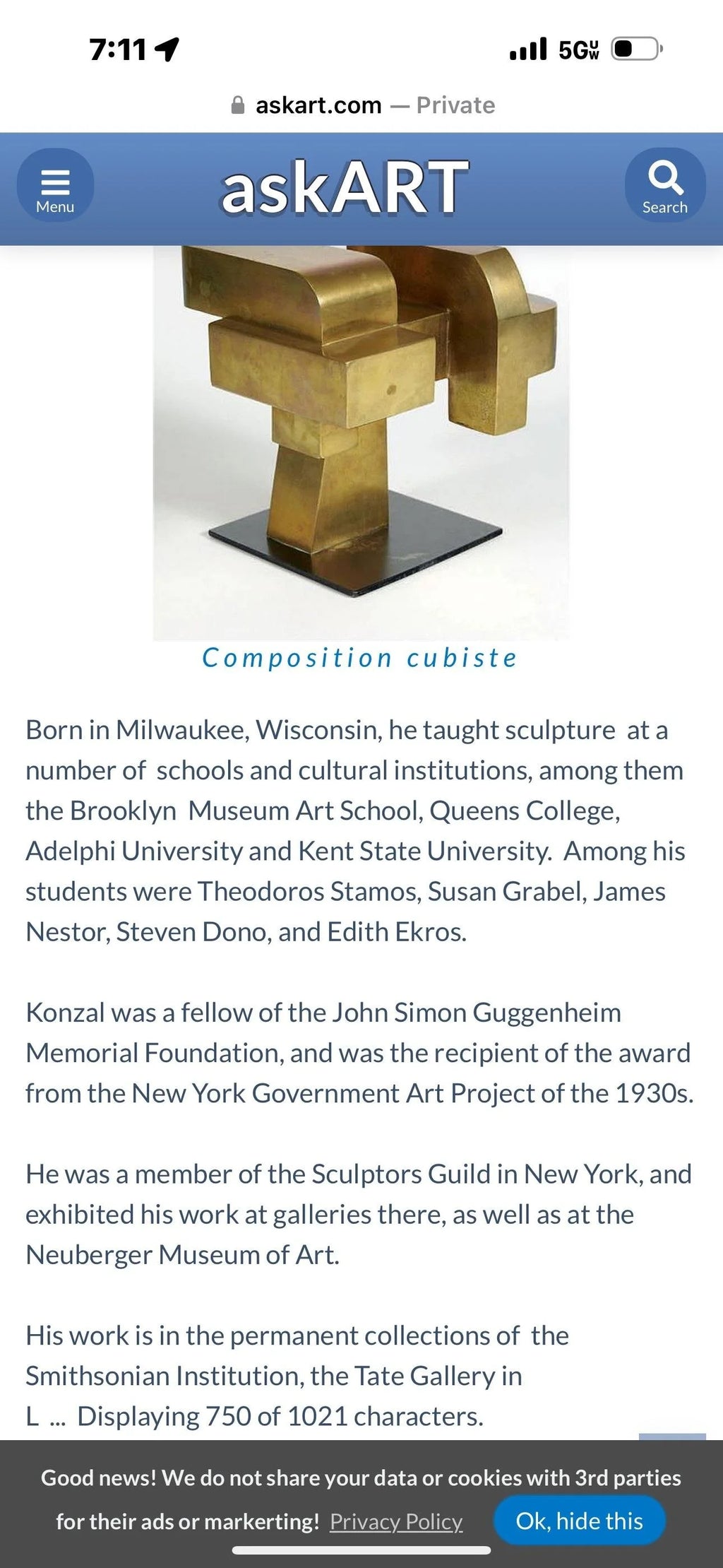 Wood and Metal Cubist Sculpture by Joseph Konzal